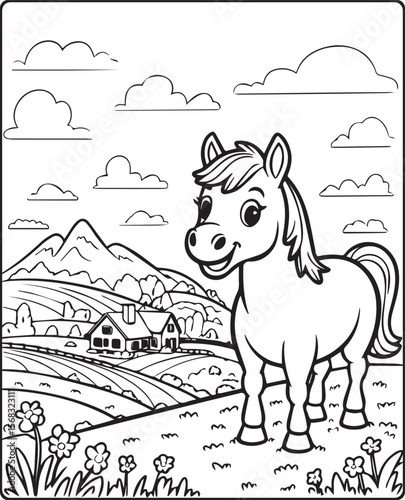 Cute horse beside farm house coloring page for kids, black line art vector illustration on white background 

