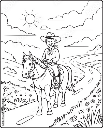 Horse with cowboy walking on road coloring page for kids, black line art vector illustration on white background 
