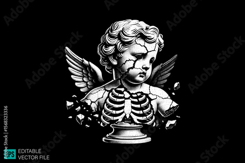 cupid sculpture scary creepy style tattoo dark art illustration vector black and white background templates