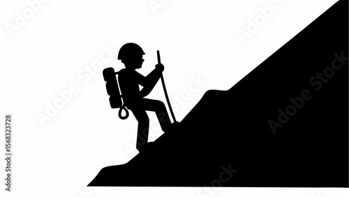 Silhouette of a hiker with backpack and helmet climbing a mountain with a walking stick in black and white