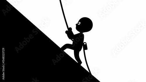 Silhouette of a climber ascending a steep mountain using a rope in a black and white illustration