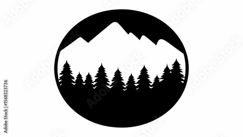Silhouette of mountain range and forest in a circle design with a black and white color scheme view landscape