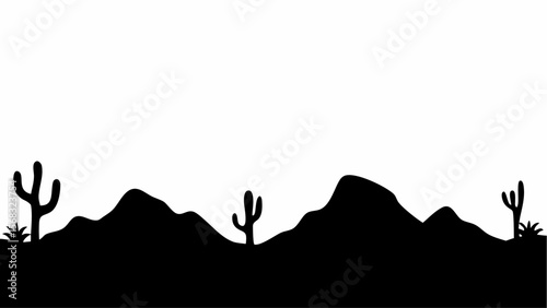Silhouette of desert landscape with cacti and mountains against a white background in simple illustration