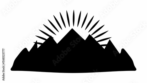 Silhouette of mountain range with sun rays emanating from behind the peaks in black and white style