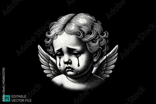 cupid sculpture scary creepy style tattoo dark art illustration vector black and white background templates