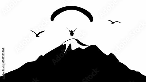 A paraglider soars above a mountain peak with birds in flight in a black and white landscape view