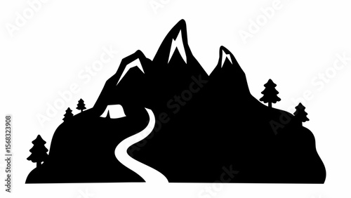 Silhouette of mountain range with snow peaks, trees, a tent, and a winding path leading up the mountain