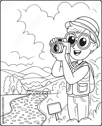 A cute photographer with a camera and taking photo of nature vector line art illustration coloring page for kids