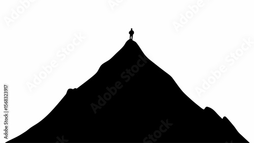 Silhouette of a person standing atop a mountain peak against a white background in monochrome style art