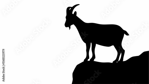 Silhouette of a goat with horns standing on a rocky cliff edge against a white background view point