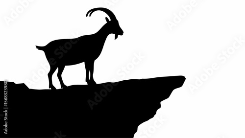 Silhouette of a mountain goat standing on a cliff edge against a white background in a stark contrast view