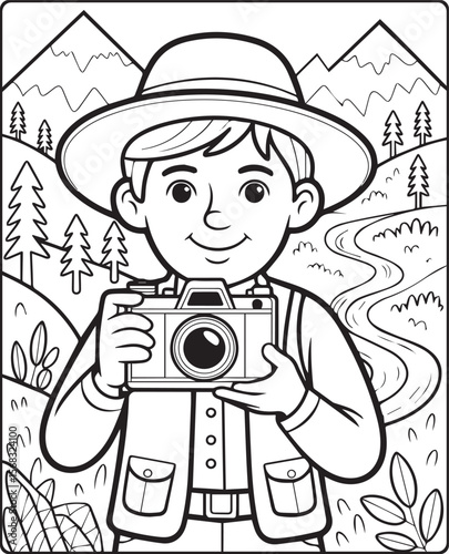 A cute photographer with a camera and taking photo of nature vector line art illustration coloring page for kids