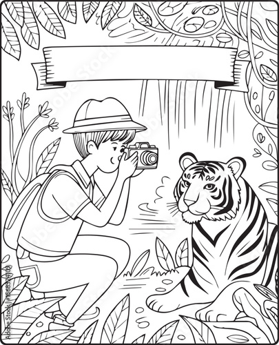 A cute photographer with a camera and taking photo of wild animal vector line art illustration coloring page for kids