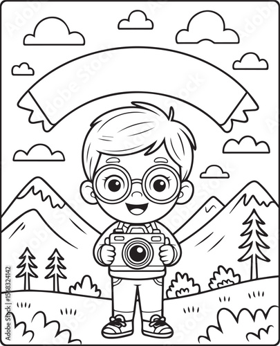 A cute photographer with a camera and taking photo of nature vector line art illustration coloring page for kids