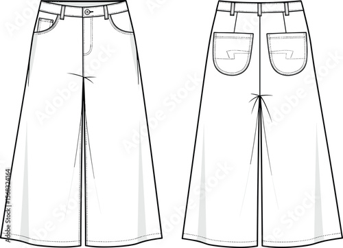 Wide leg jeans, women’s culotte pants, fashion flat sketch, technical drawing, apparel template, clothing design vector, front back view