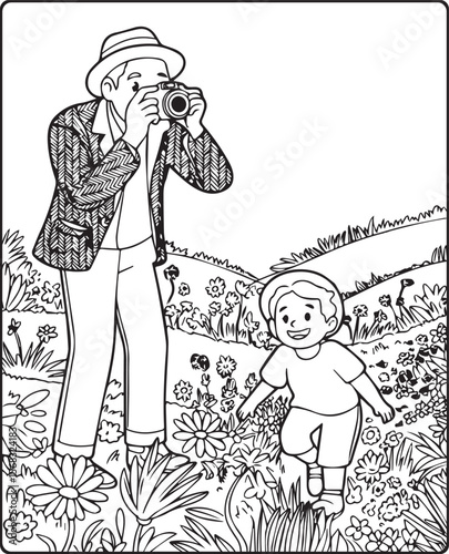 A cute photographer with a camera and taking photo of a kid vector line art illustration coloring page for kids
