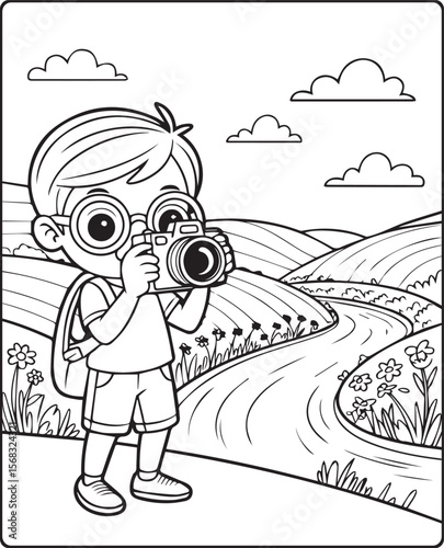 A cute photographer with a camera and taking photo of nature vector line art illustration coloring page for kids