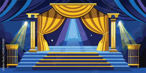 Opulent Gold Velvet Stage Curtains Blue Steps theatre