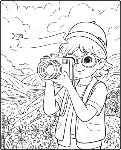 A cute photographer with a camera and taking photo of nature vector line art illustration coloring page for kids