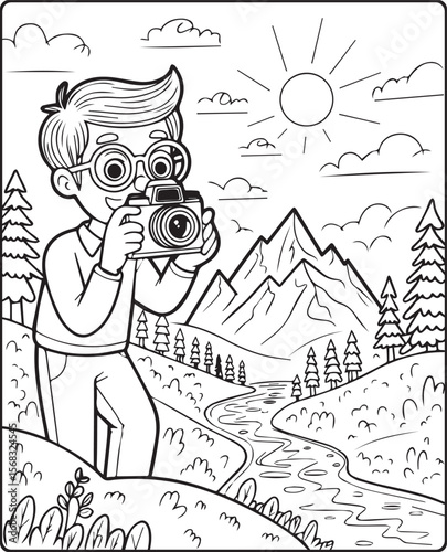 A cute photographer with a camera and taking photo of nature vector line art illustration coloring page for kids