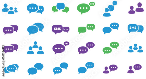 Set of Chat Message Bubbles Vector Icon. Communication icons. Talk bubble, dialog. Web icon set. Online communication. Conversation, SMS, Notification, Group Chat. Chatting icons in different styles