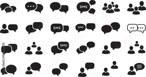 Set of Chat Message Bubbles Vector Icon. Communication icons. Talk bubble, dialog. Web icon set. Online communication. Conversation, SMS, Notification, Group Chat. Chatting icons in different styles