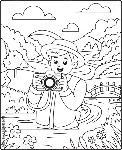 A cute photographer with a camera and taking photo of nature vector line art illustration coloring page for kids