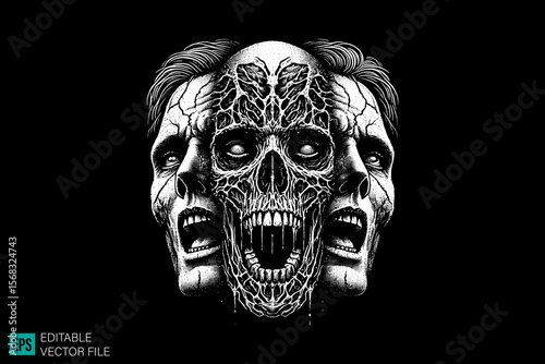 screaming ghost face scary creepy style tattoo dark art illustration vector black and white background templates
