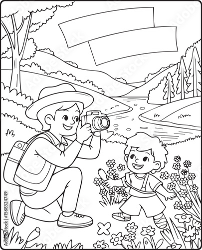 A cute photographer with a camera and taking photo of kid vector line art illustration coloring page for kids