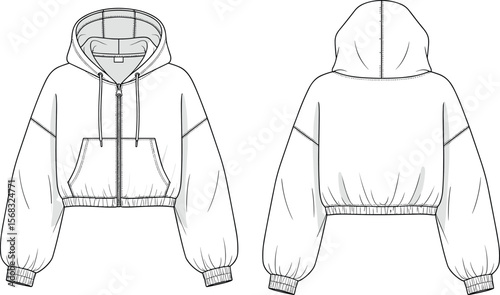 Trendy cropped hoodie sweatshirt fashion flat sketch, women’s long sleeve zip up hooded top, casual streetwear garment technical drawing illustration