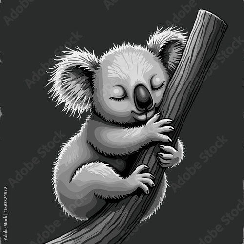Koala hugging tree branch in monochrome artistic style - Concept of innocence  
