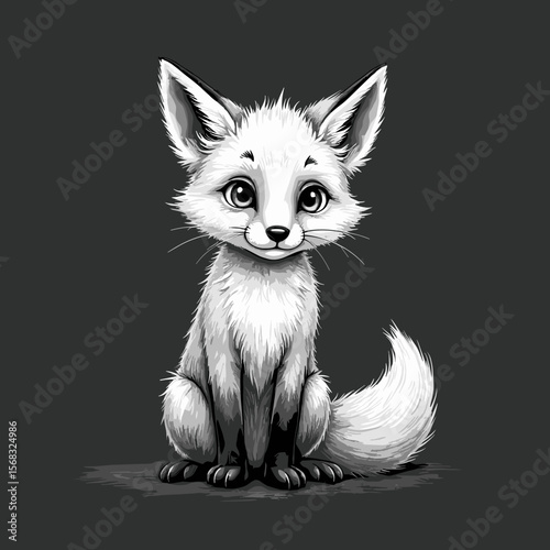Cute white fox character with a friendly expression on black background  