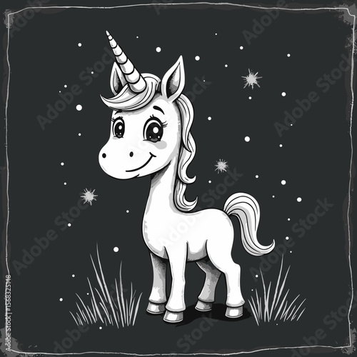 Cute unicorn standing in grass under a starry sky at night - Concept of fantasy  
