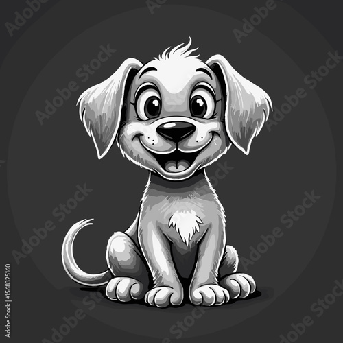 Smiling cartoon dog sitting happily on a dark background, concept of dog love  