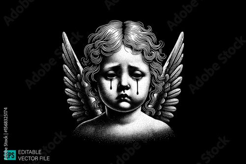 cupid sculpture scary creepy style tattoo dark art illustration vector black and white background templates