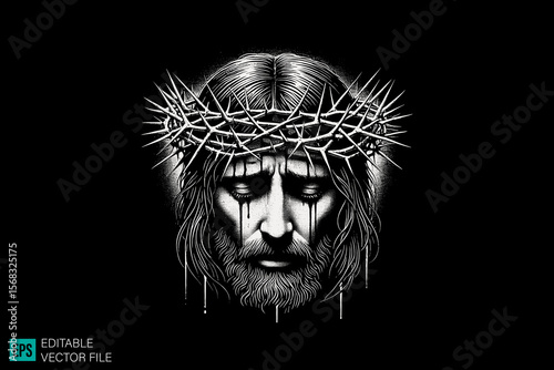 jesus head scary creepy style tattoo dark art illustration vector black and white background templates