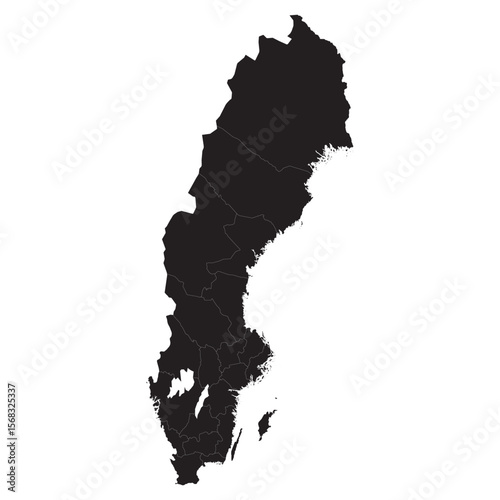 black silhouette map of sweden with internal region borders isolated on white background, vector outline