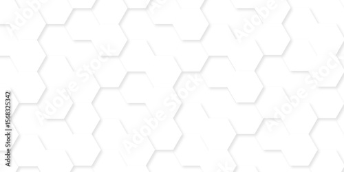 Minimal white hexagonal hexagon modern technology creative emboss light honeycomb polygonal web. abstract geometric science and mosaic tile with template texture background.	
