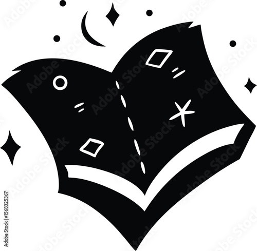 Mystical Grimoire Open Book Illustration with Celestial Elements