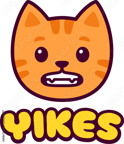 Cute cartoon grimacing cat face drawing with text bubble "Yikes". Funny cringe, awkward, embarrassment reaction. Simple hand drawn vector illustration.