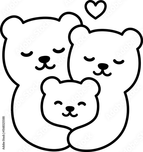 Cute cartoon bear mom and dad hugging baby cub, sweet family drawing. Simple vector clipart illustration, kawaii black and white line art.