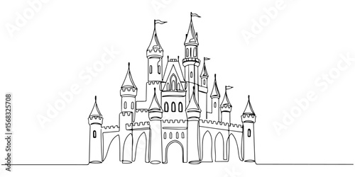 Continuous one line drawing of a castle, symbolizing grandeur and fantasy, line art style vector illustration.