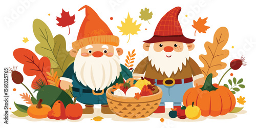 Two Autumn Gnomes Harvest Basket Pumpkins Fall Leaves