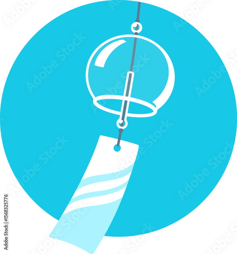 Furin, traditional Japanese wind chime. Transparent glass bell on blue sky background. Simple, minimal vector illustration.