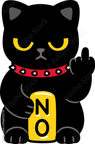 Cute cartoon black Unlucky cat, Japanese Maneki Neko drawing. Funny kitty with spiked collar making rude gesture and holding sign "No".  Vector illustration.