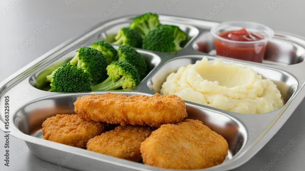 Chicken nuggets with mashed potatoes and broccoli in lunch tray Chicken nuggets with mashed potatoes and broccoli in lunch tray