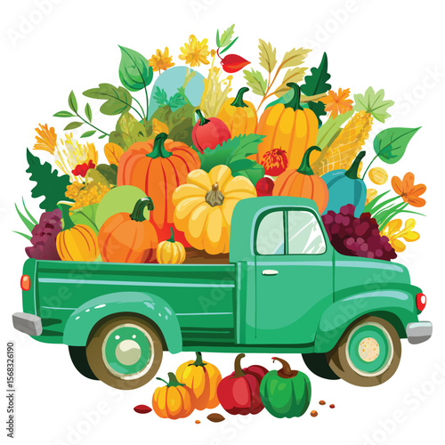 Teal Truck Overflowing with Autumn Harvest Pumpkins Corn and Vegetables