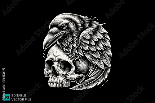 Skull head and raven scary creepy style tattoo dark art illustration vector black and white background templates