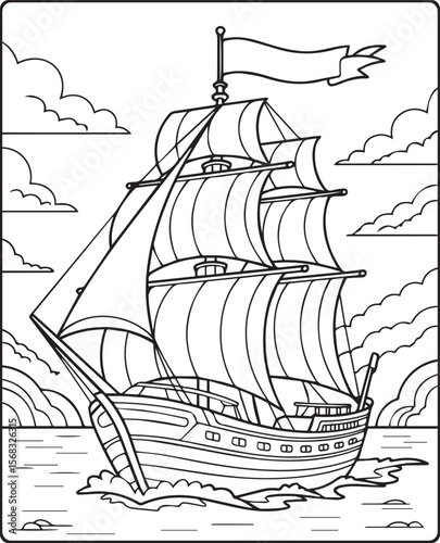 Beautiful ship on sea water in natural sky scenery black vector line art illustration for children coloring page or book design
