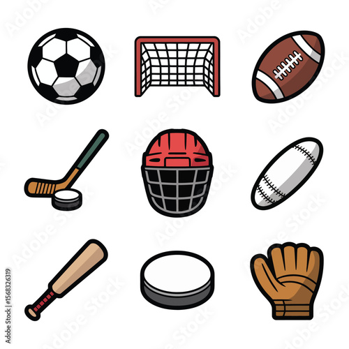Team Sports Icon Set. Flat icon set of team field sports: soccer ball, goal post, rugby ball, field hockey stick, lacrosse helmet vector 
